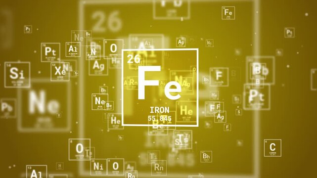 Iron Fe icon structure chemical element square shape. Chemical element of periodic table sign with atomic number. Looped motion graphic on red background.