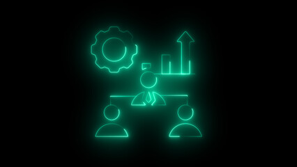 Glowing Blue Neon Business Hierarchy Icon Depicting Team Leadership and Management Structure, Featuring a Central Leader, Subordinate Team Members.