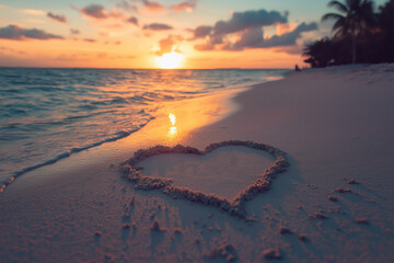 romantic picture of heart with space for text drawn on white sand on exotic beach with clear turquoise ocean on sunset for valentines day or wedding, generative AI