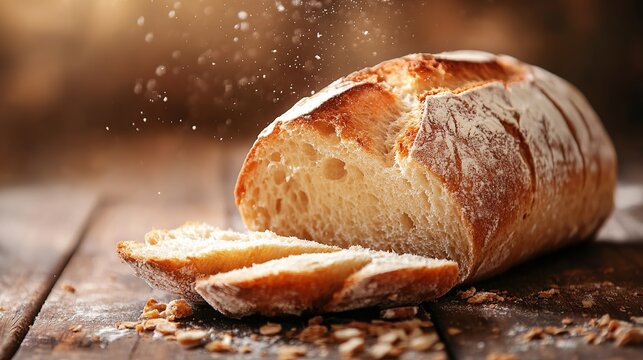Close up of rustic bread loaf sliced on wooden table. Image of food. copy space.