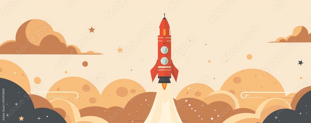 Poster simple flat illustration of a rocket taking off into space with stars and clouds in the background