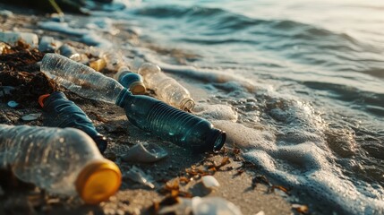 Plastic bottles wash up on the beach as the sun sets, highlighting marine pollution and environmental concerns