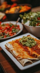 Festive Mexican Buffet: Delicious Enchiladas with Guacamole and Salsa, Traditional Cuisine Spread at Party