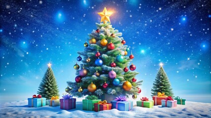 Obraz premium Vibrant 3D illustration of a snow-covered Christmas tree surrounded by colorful ornaments, gifts, and sparkling stars, set against a bright blue winter wonderland background.