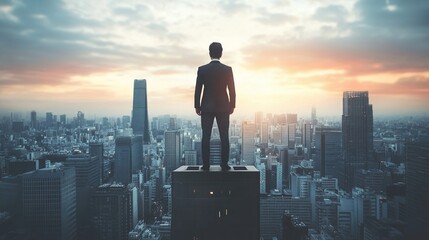 A man stands on a rooftop in a city, looking out over the skyline. Concept of ambition and determination, as the man is looking towards the future.