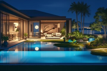 Fototapeta premium Luxury villa with swimming pool at night