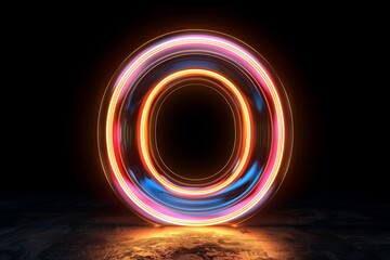 neon light letter O on black background
