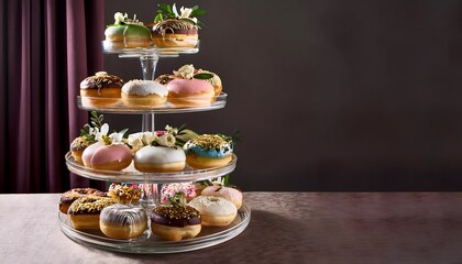 An elegant vertical arrangement of gourmet donuts on a clear acrylic stand, each donut decor.