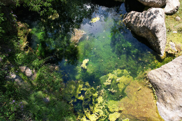 Top aerial view of Glorieta springs on sunny day. Nido del Aguila, Alcover, Spain.