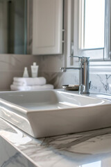 Elegant bathroom sink with marble countertops and neatly arranged toiletries, creating a clean and luxurious atmosphere in a modern home