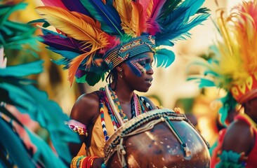 Mexican Carnival, Venice Carnival. Beautiful girl with bright makeup and headdress of feathers and sequins. Photo, realism, holiday, fun. Concept of a holiday, fair. For poster, advertising.