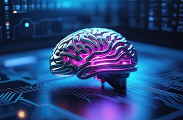 A futuristic digital brain illuminated with vibrant hues of purple and blue. Concepts of AI, machine learning, neuroscience, and futuristic technology.