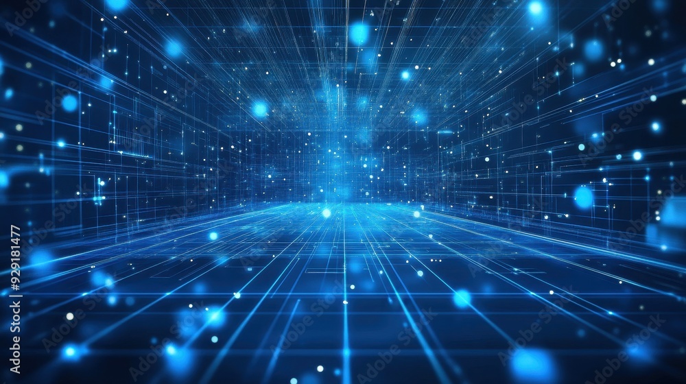 Poster a digital abstract representation of a futuristic blue grid with glowing particles.