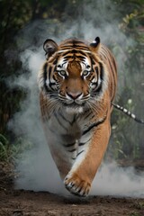 Portrait of a beautiful Tiger in the jungle with smoke background.