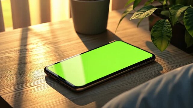Generic smartphone laying on a bedside table next to a houseplant with light and shadows from a nearby window shade streaming across the desk and phone. Screen on phone is a chroma key green screen.