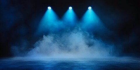 Dark blue foggy background with spotlights and smoke, dark floor with smoke and light from spotlights