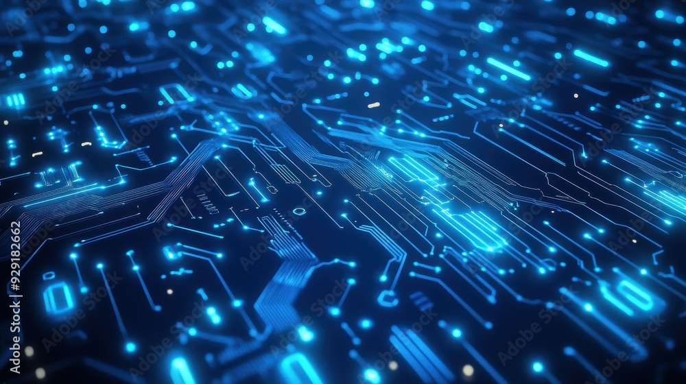 Poster a digital circuit board with glowing blue lines and nodes, representing technology and data flow.