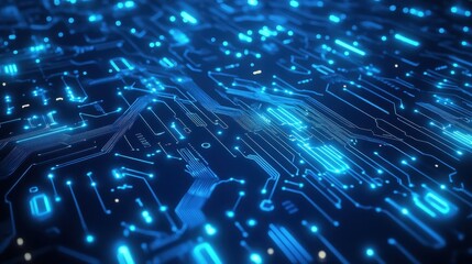 Obraz premium A digital circuit board with glowing blue lines and nodes, representing technology and data flow.