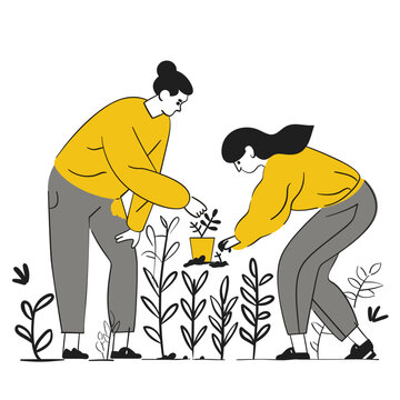 recommend clip art: Two people in yellow overalls working together in the garden.
                    