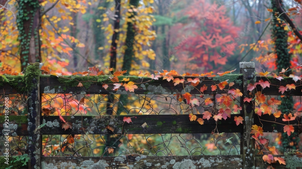 Poster vibrant autumn leaves climb a wooden fence, creating a beautiful contrast with the blurred backdrop 