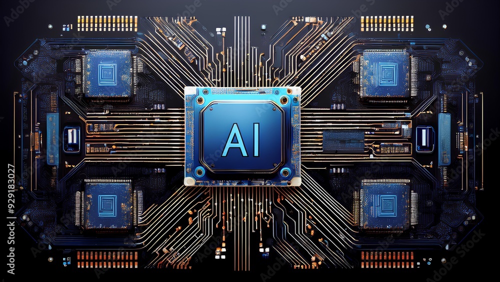Poster microcircuits with wiring on an electronic board. ai, artificial intelligence concept, electronics a