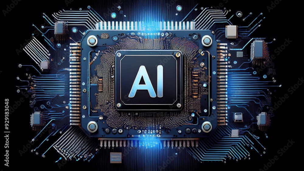 Poster microcircuits with wiring on an electronic board. ai, artificial intelligence concept, electronics a