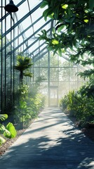 Obraz premium A bright pathway leads through a modern greenhouse filled with vibrant plants and advanced climate controls