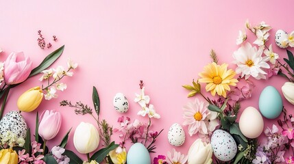 Pink Easter Floral Border: A festive Easter border composed of pastel pink and white eggs, cheerful flowers, and delicate greenery, adorning a vibrant pink background
