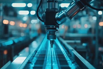 Obraz premium Blur background of robot machine working together at production line. with generative ai