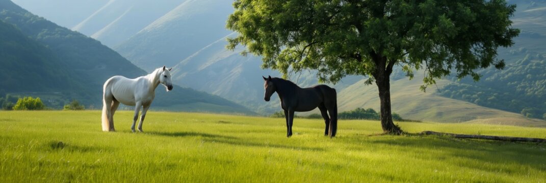 Two horses standing in a grassy field next to a tree. The scene is peaceful and serene, with the horses grazing and the tree providing shade