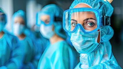 A female medic wearing a medical mask and overalls. A team of specialists at the workplace. Professional. Illustration for cover, card, postcard, interior design, poster, brochure or presentation.