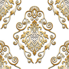 Damask style, golden swirl pattern, white background. Seamless floral pattern-367.