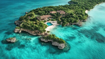 Tropical island with house, beach, and clear water.