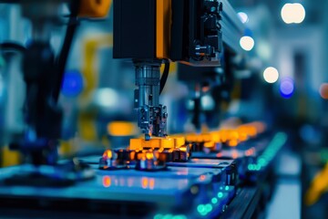Blur background of robot machine working together at production line. with generative ai