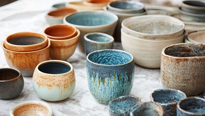 Ceramic bowls and cups in various sizes and colors.