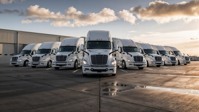 A fleet of trucks parked in front of a warehouse, ready to deliver factory goods. Generative AI