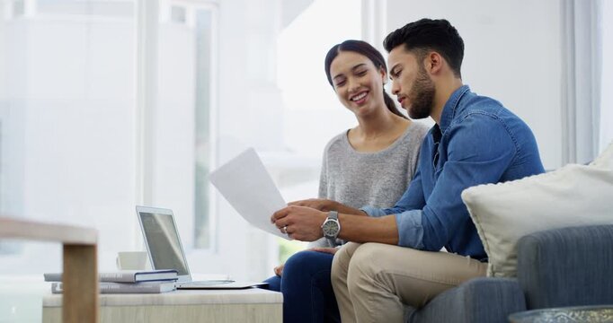 Documents, discussion and happy couple reading home financial budget, savings and smile for bank credit increase. Lounge, paperwork and talking people review income finance, tax return or mortgage