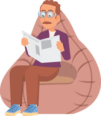 Man sit on lazy chair and reading newspaper cartoon character