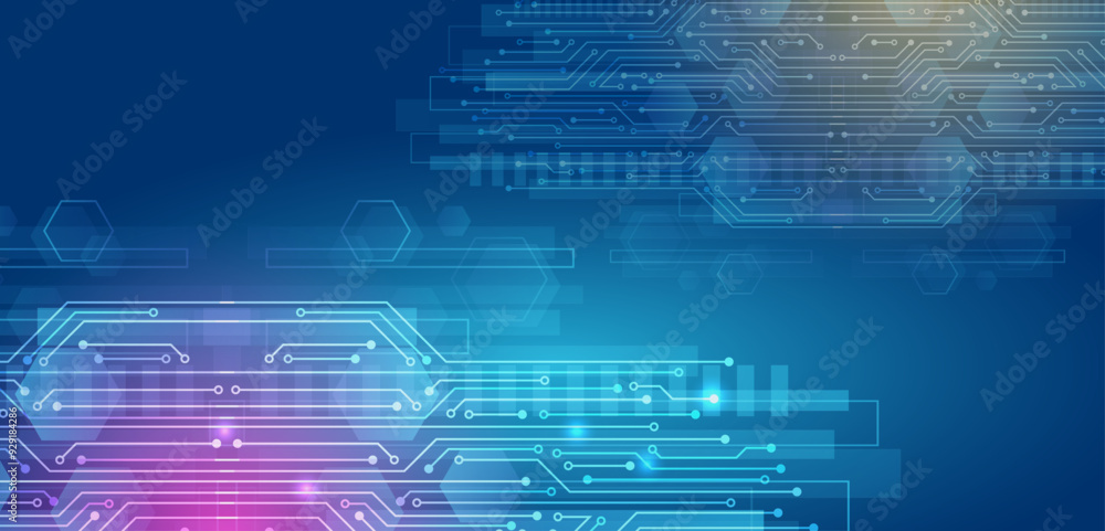 Poster abstract blue futuristic background consisting of printed circuit board circles and other technologi