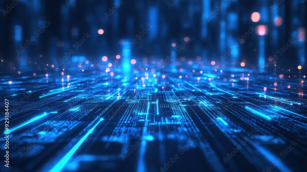 Poster a digital landscape with glowing blue lines and particles, representing technology and data flow.