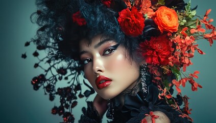 Woman with dark hair and red flowers.