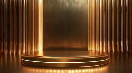 Golden Stage: A luxurious gold podium awaits its moment in the spotlight, framed by elegant columns in a radiant, art deco-inspired setting. 