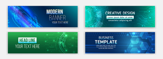 High-tech horizontal banner template. Modern banner design with technology element. Data protection, internet communication, science, big data, cover design set. Sci-fi vector sample concept.