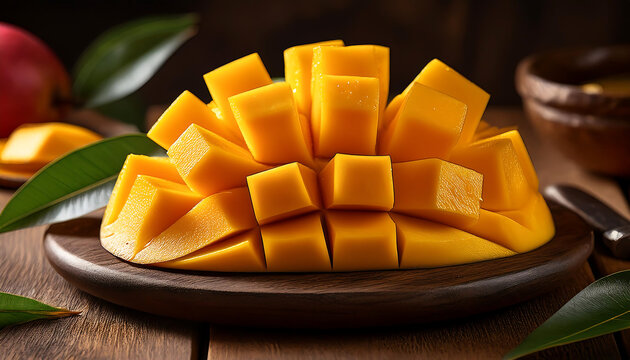 fresh mango slices arranged rustic table highlighting vibrant color juicy appeal