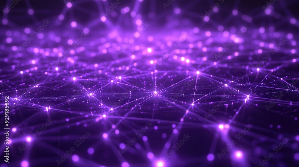 Poster a digital network representation with glowing purple nodes and connections.