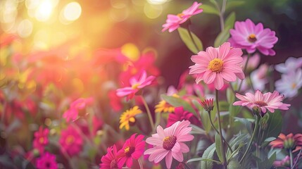 A field of flowering cosmos at sunset. Fresh spring or summer flowers. Nature background. Illustration for banner, postcard, greeting card, postcard, poster, cover or presentation.