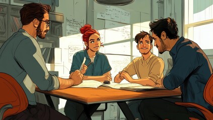 Four people sitting around a table talking.