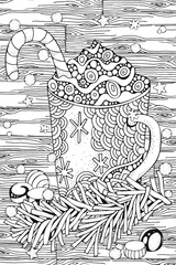 Christmas Coloring Page with Hot Chocolate Mug and Candy Cane – Detailed Black and White Festive Illustration. Zentangle patterns.