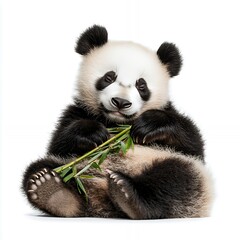Fototapeta premium A cute panda sitting and eating bamboo.
