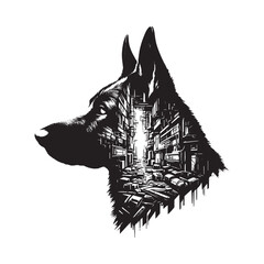 Naklejka premium silhouette of German Shepherd, filled with destroyed futuristic dystopia environment in rough drawing,